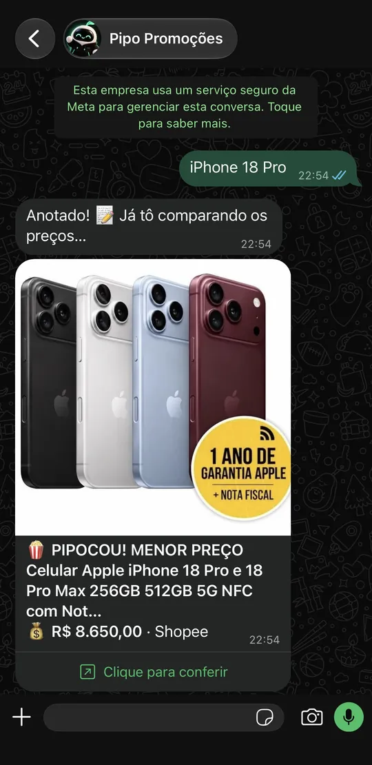 Comparador no WhatsApp, Busca por texto: iPhone 18 Pro