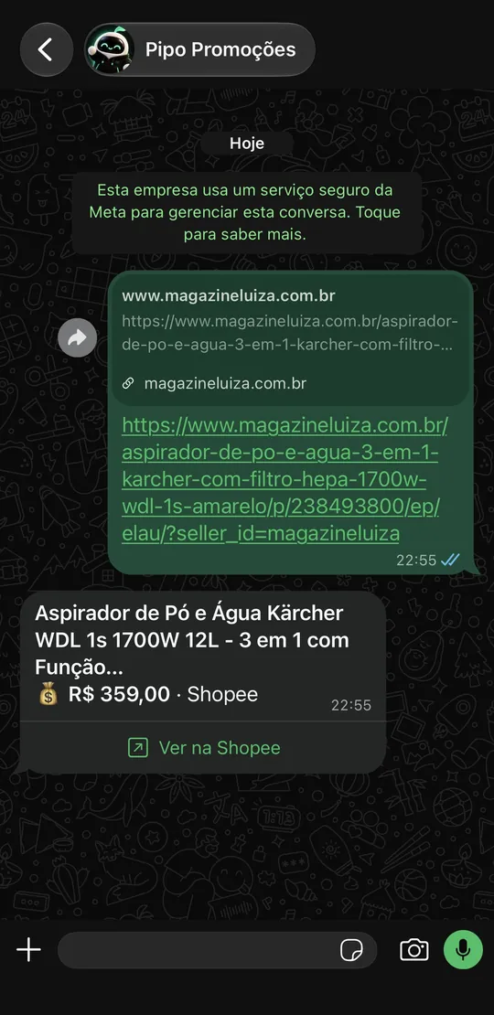Comparador no WhatsApp, Busca por link da Magazine Luiza