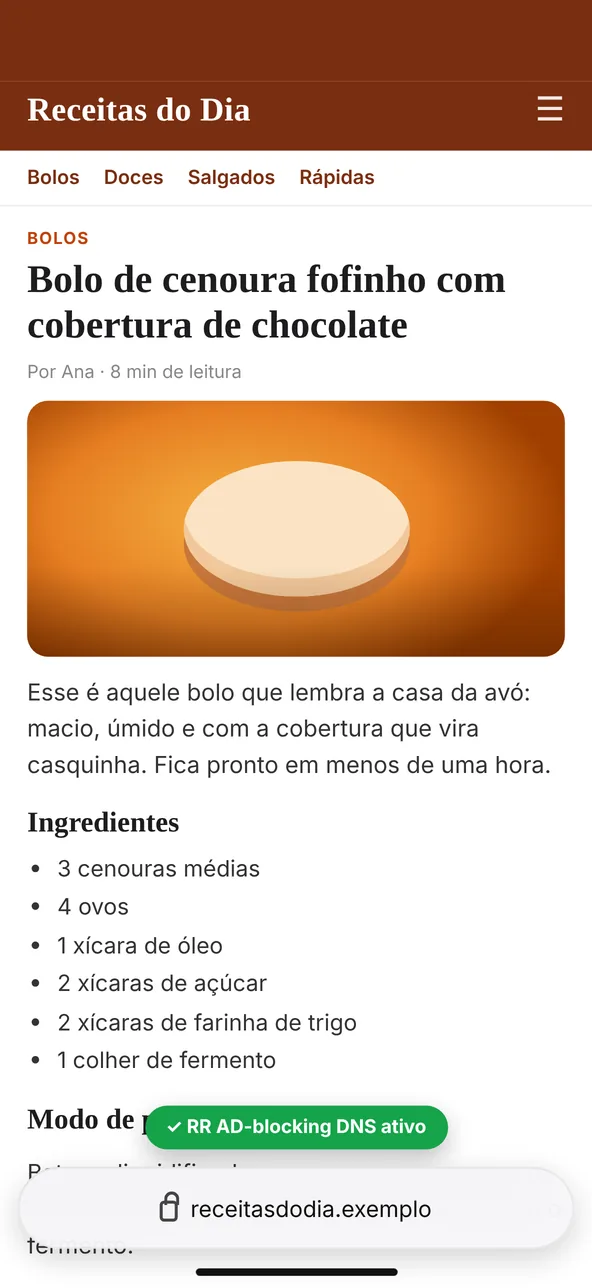 O mesmo site, limpo, com o RR AD-blocking DNS ativo