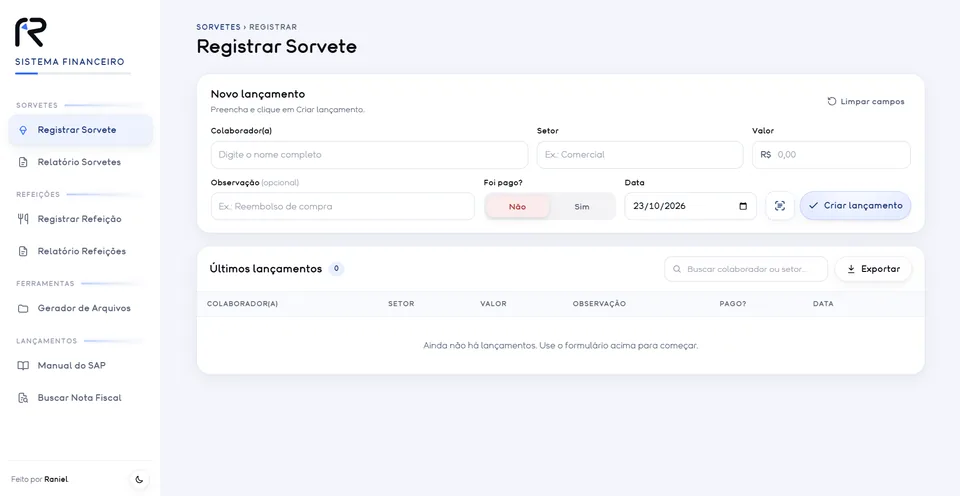 Sistema Financeiro, tela Registrar Sorvete