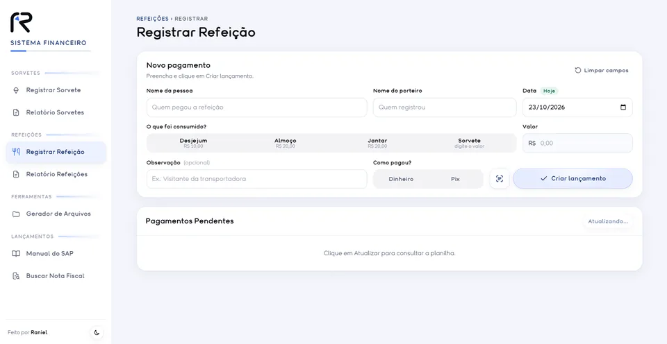 Sistema Financeiro, tela Registrar Refeição