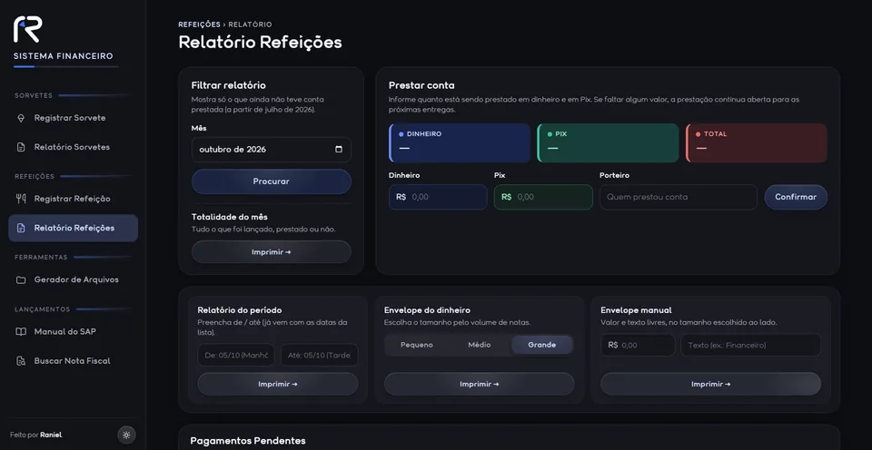 Sistema Financeiro, tela Relatório Refeições