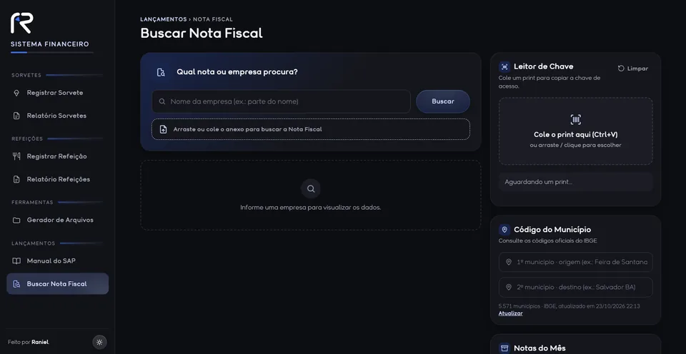 Sistema Financeiro, tela Buscar Nota Fiscal